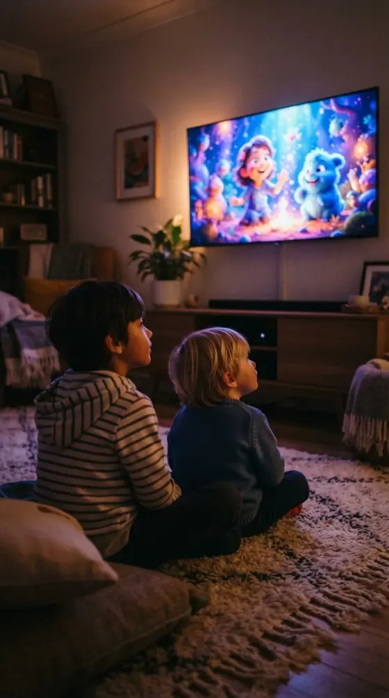 Children watching a PIN-protected kids channel on a GoLiveStream IPTV UK subscription