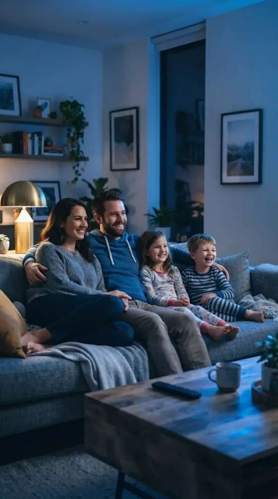 Family gathered around international channels on a GoLiveStream IPTV UK subscription