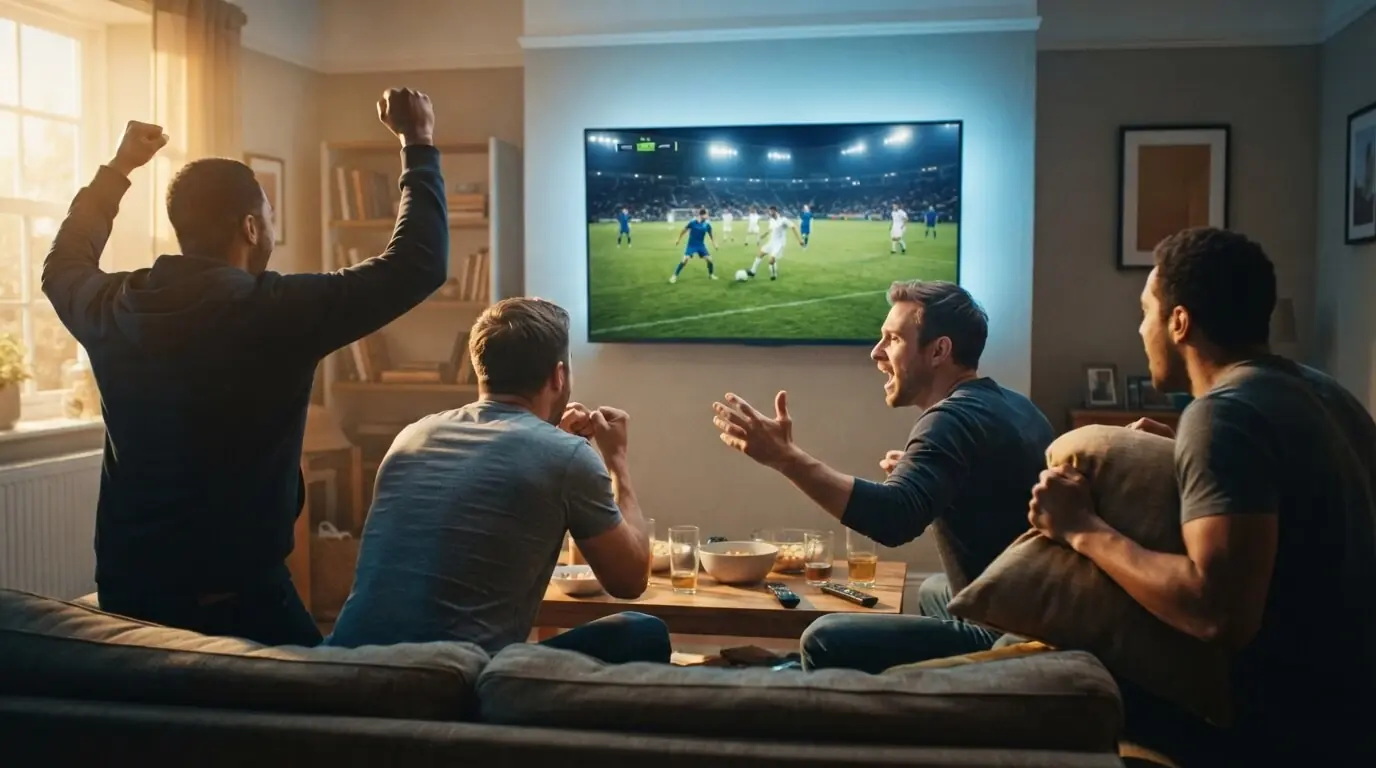 Two men watching a live football match in 4K on a GoLiveStream IPTV UK subscription